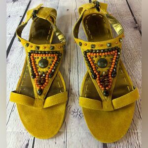 Nine West Medallion Beaded Boho Festival Prairie Wedge Heel Leather Sandals‎ 9.5